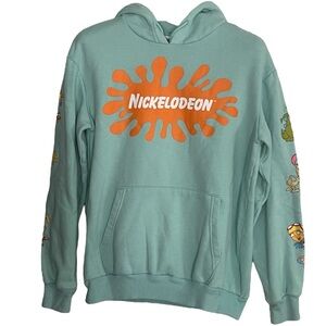 Nickelodeon 90's Retro Hoodie Mint Green Hey Arnold Cat Dog Rugrats Small